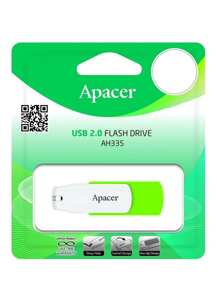 Флеш-накопичувач USB 64GB AH335 White/Green (AP64GAH335G-1) Apacer (336955571)