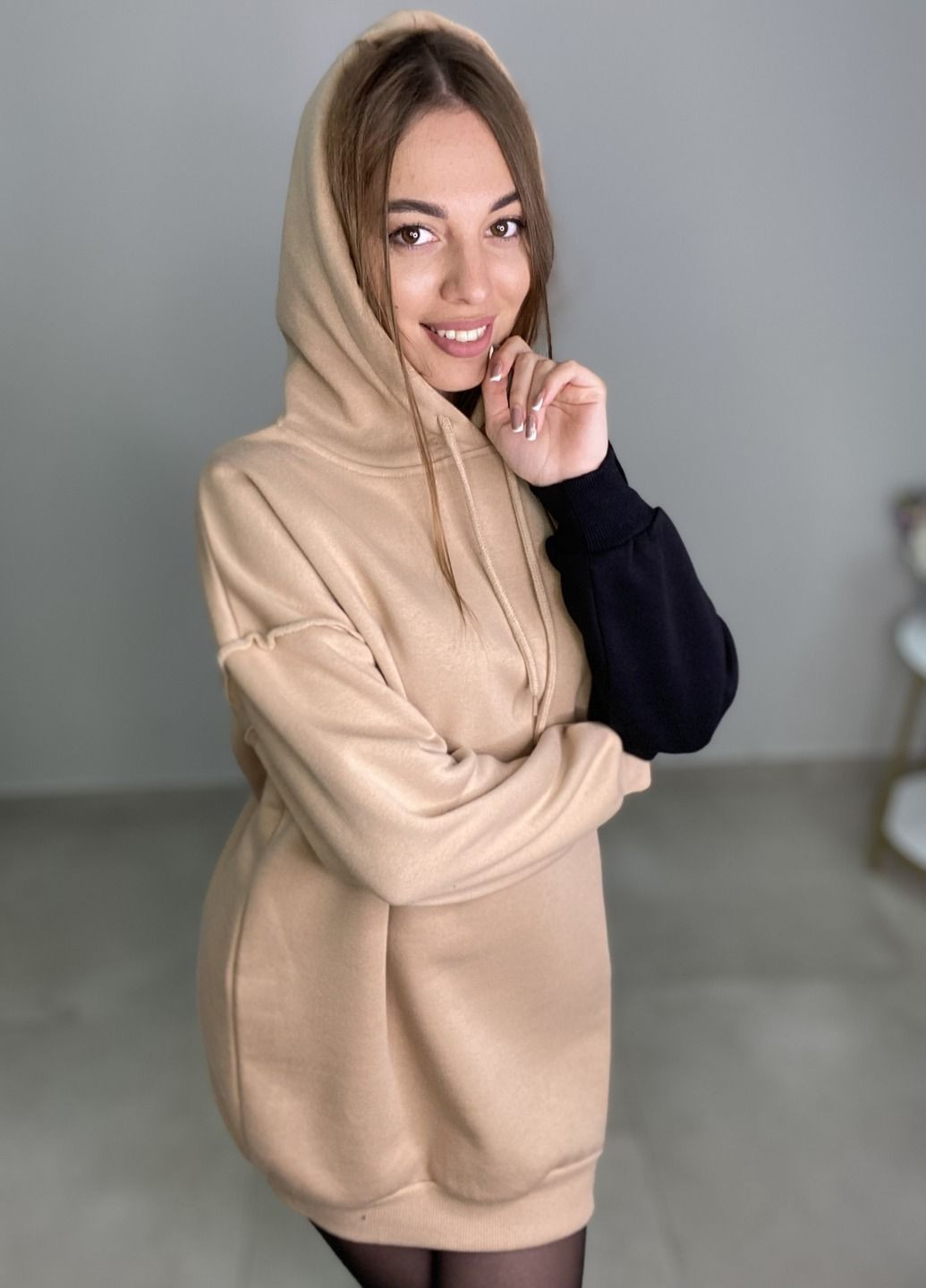 Туника с капюшоном бежево-черного цвета. LSK Оверсайз (362695308)