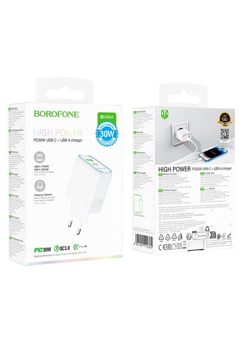 Сетевое зарядное устройство для PD30W+QC3.0 charger (EU) White Borofone BA89A Destello (342722275)