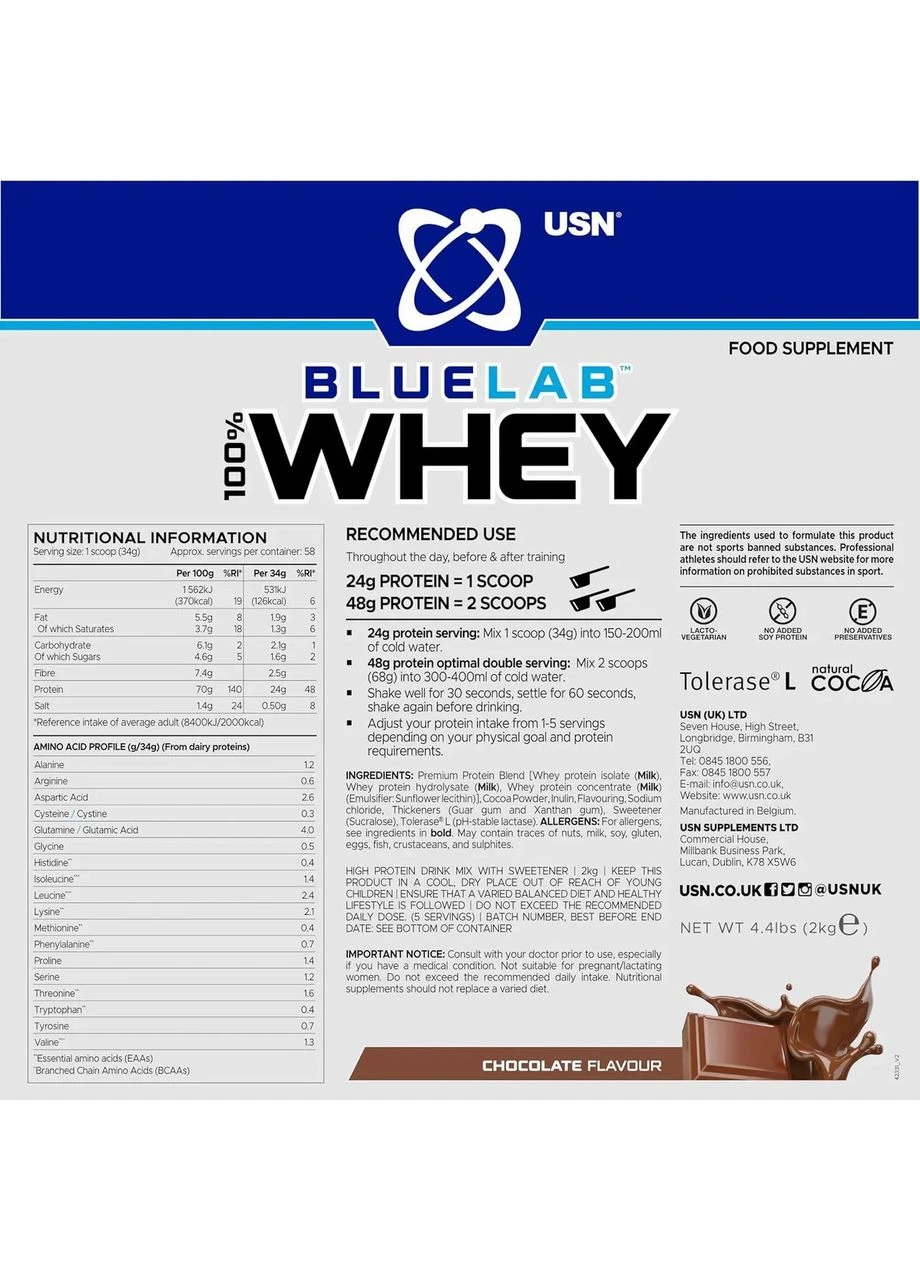 Сывороточный протеин Blue Lab 100% Whey Premium Protein, шоколад, 908 г, шоколад, 908 г USN (391669441)