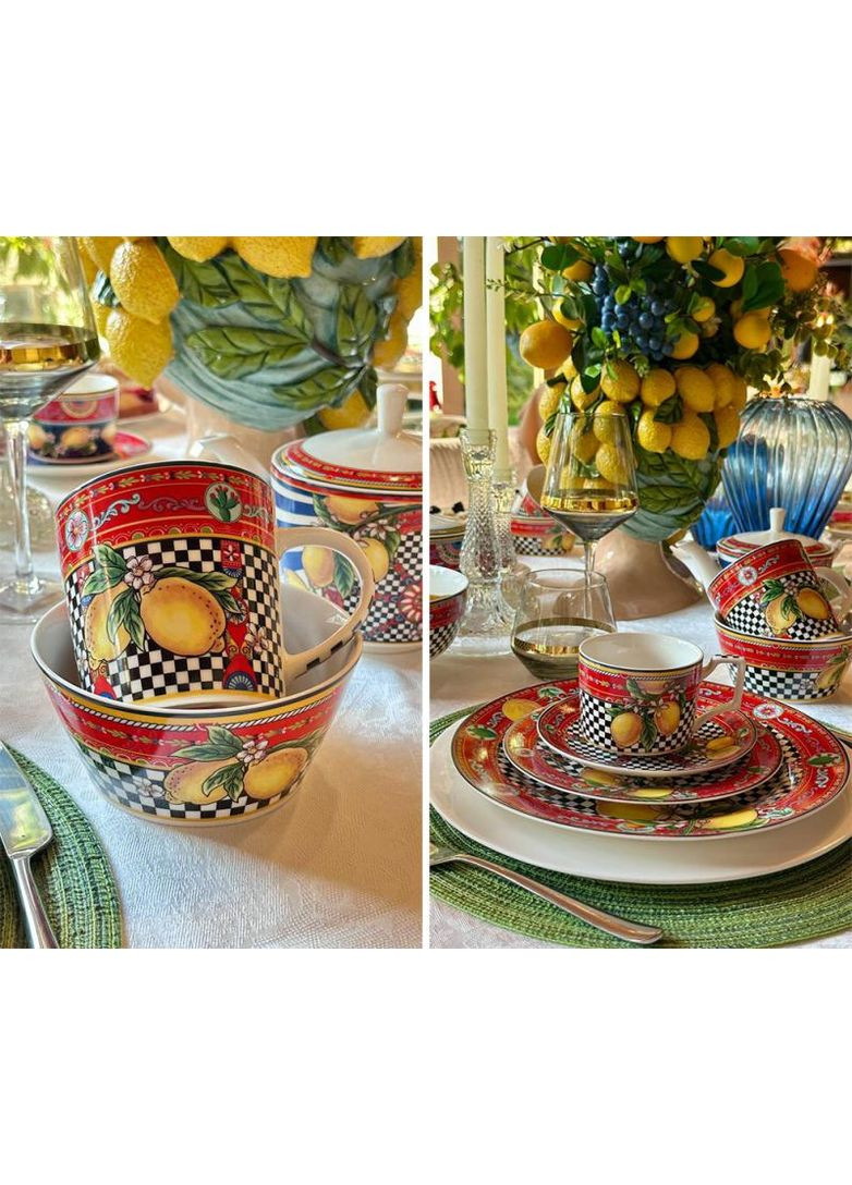 Чашка с блюдцем Sicilia Limoni фарфоровая 220мл для сервировки чая и кофе в подарочной коробке Bona (368987283)