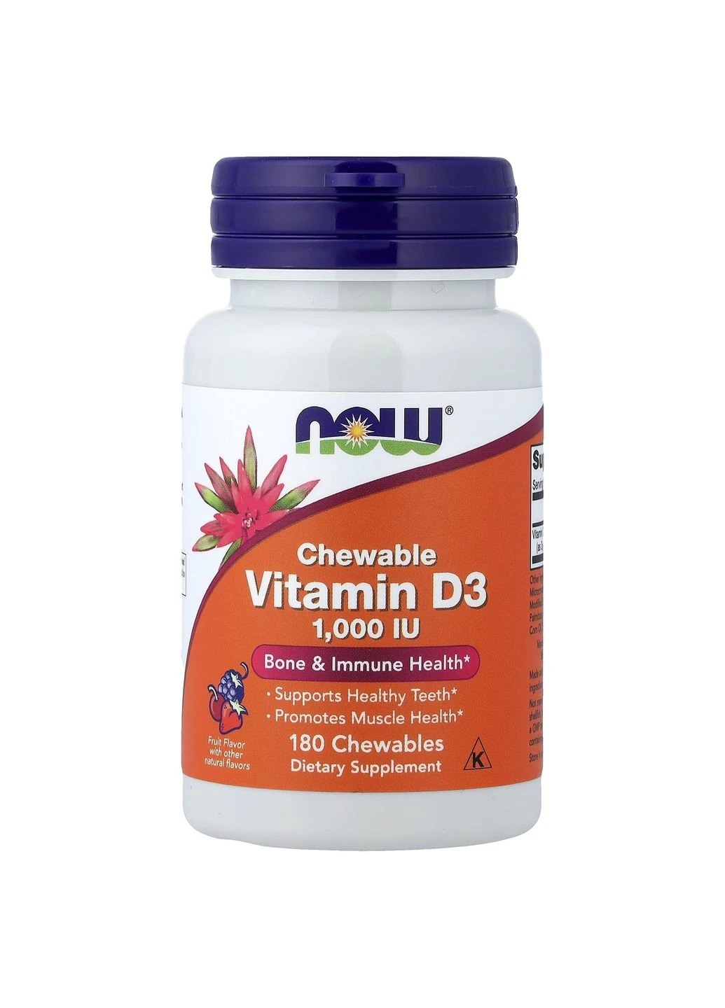 Витамин D-3, Vitamin D-3, фруктовый вкус, 1000 МЕ, 180 жевательных таблеток Now Foods (394187109)