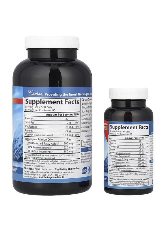 Норвежский Лососевый Жир, 500 мг, Norwegian Salmon Oil,, 180+50 желатиновых капсул Carlson Labs (322741185)