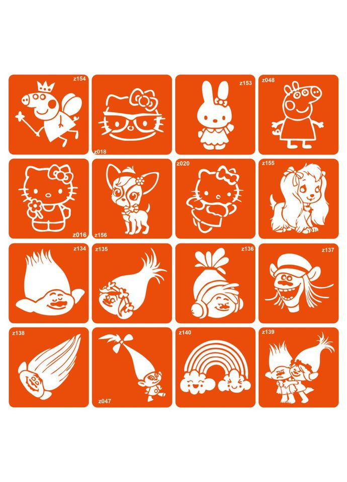 Набор трафаретов для био-тату "Trolls + Kitti + Pepa" Trolls-kitti-pepa-16 No Brand (313287162)