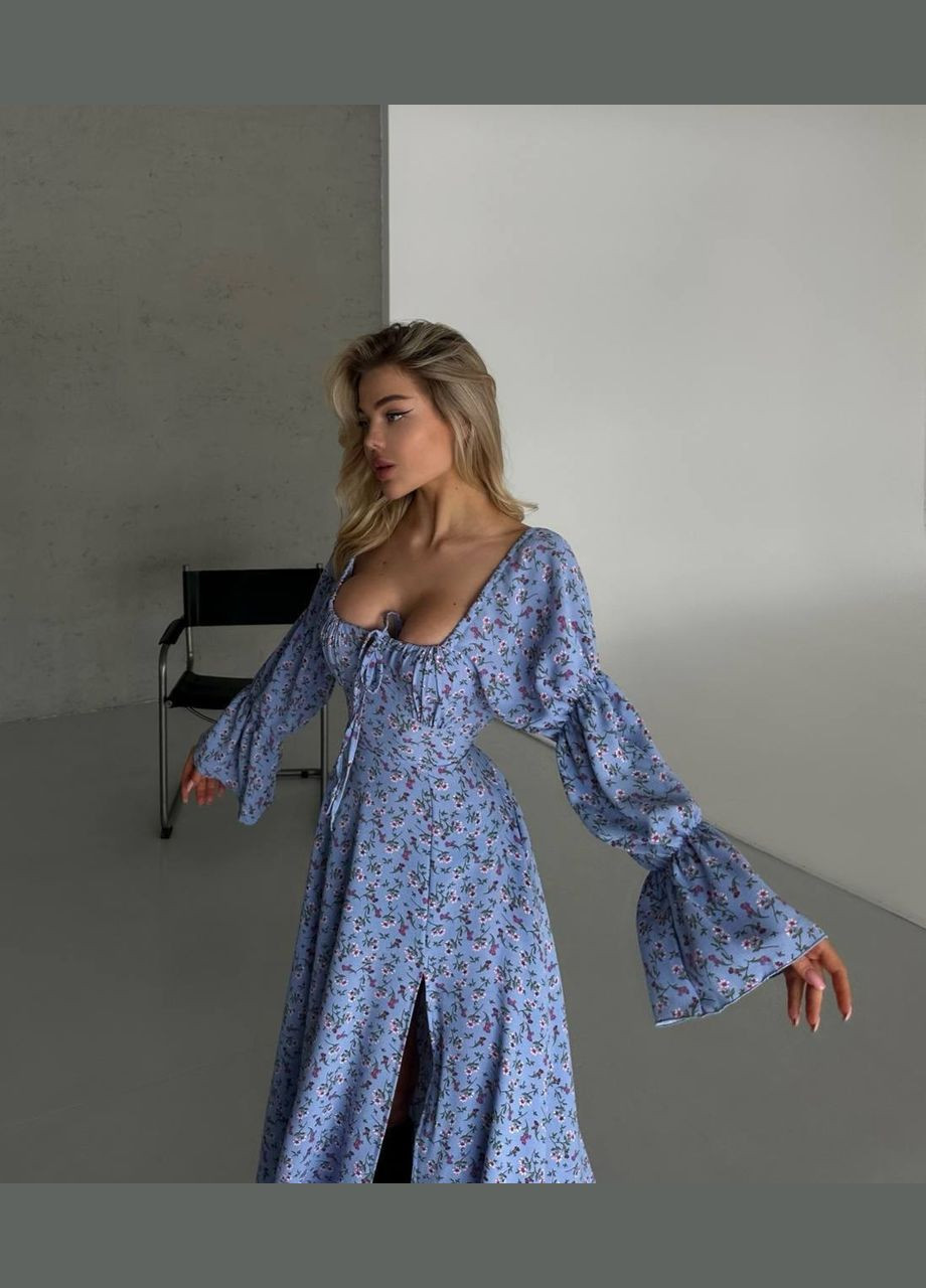 Голубое повседневный, кэжуал платье No Brand с цветочным принтом