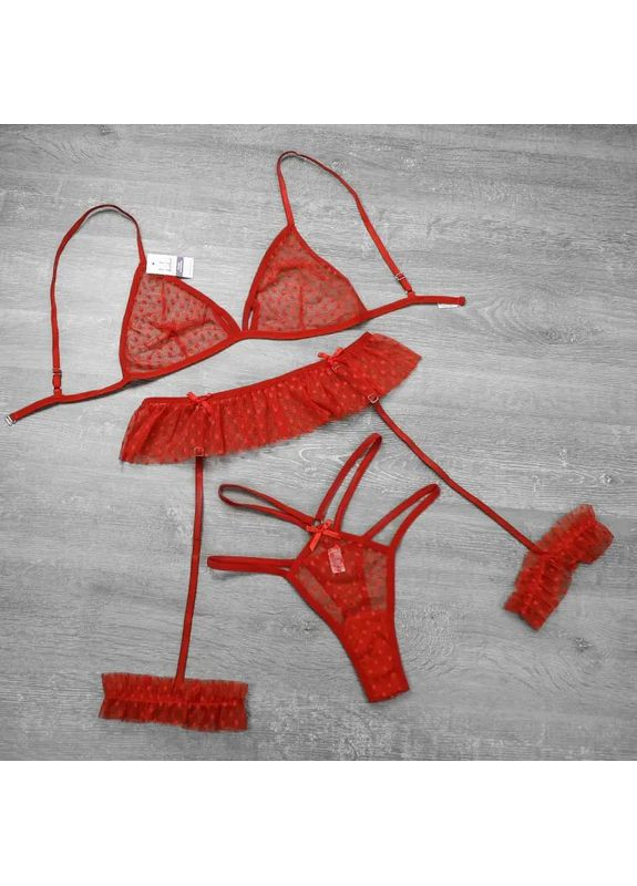 Червоний демісезонний мереживний комплект спідньої білизни в горошок – бюстгальтер, стрінги та пояс із гартером No Brand