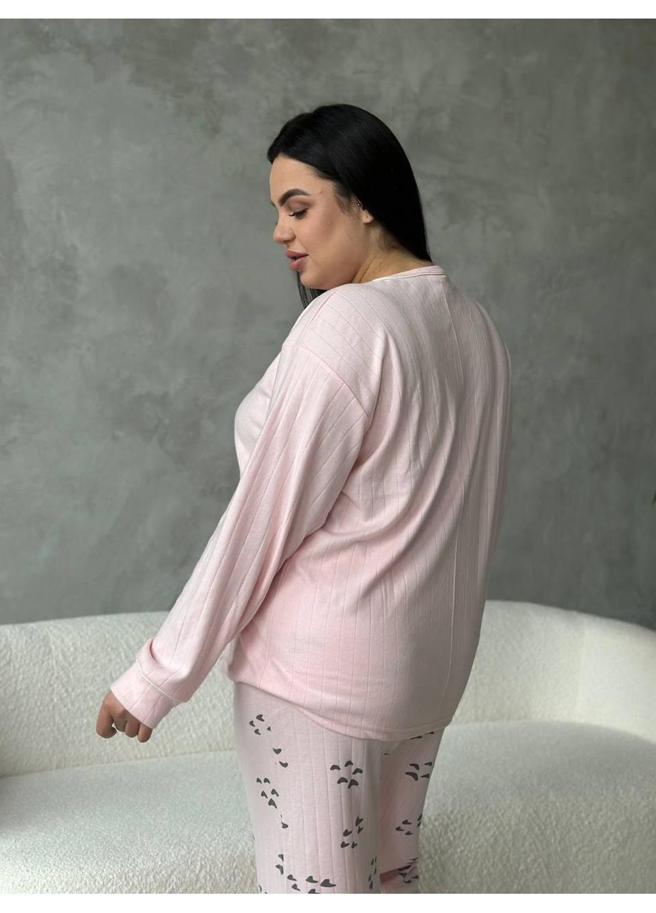 Рожева жіноча піжама plus size рожева, трикотажна, принт вії / домашній комплект великих розмірів, кофта + штани / піжама жіноча No Brand