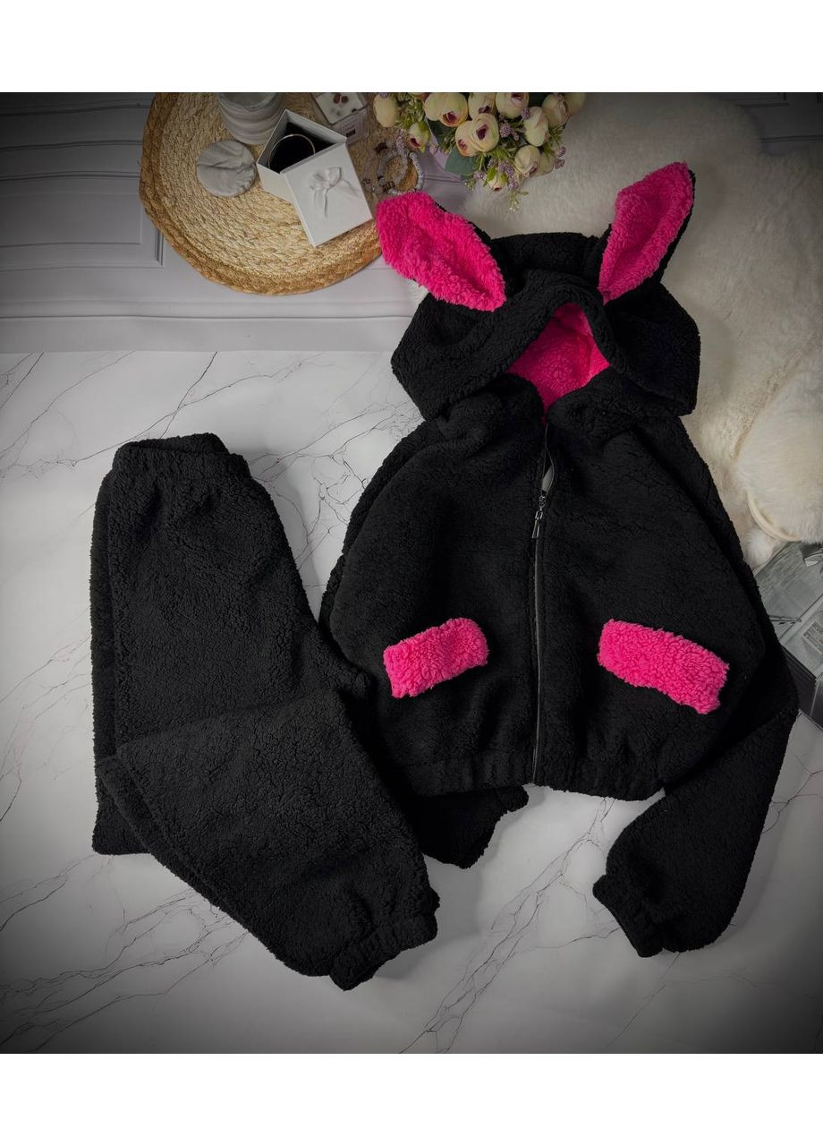 Черная всесезон плюшевая пижама с ушками и двойным капюшоном — замеры в описании кофта + брюки DK/DL Мода без кордонів