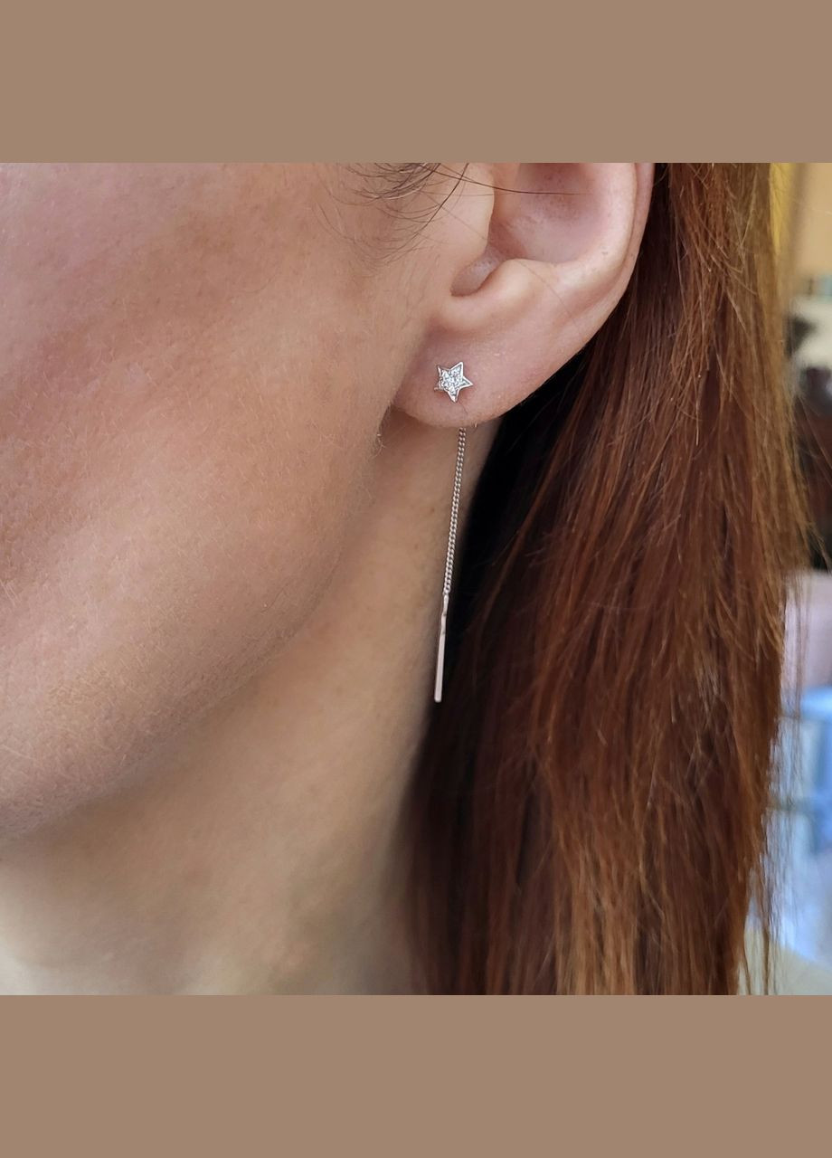 Срібні сережки ланцюжки протяжки Зірочка з Білими каменями срібло 925 проби Родоване 5336/1р 0.80г No Brand (306741897)