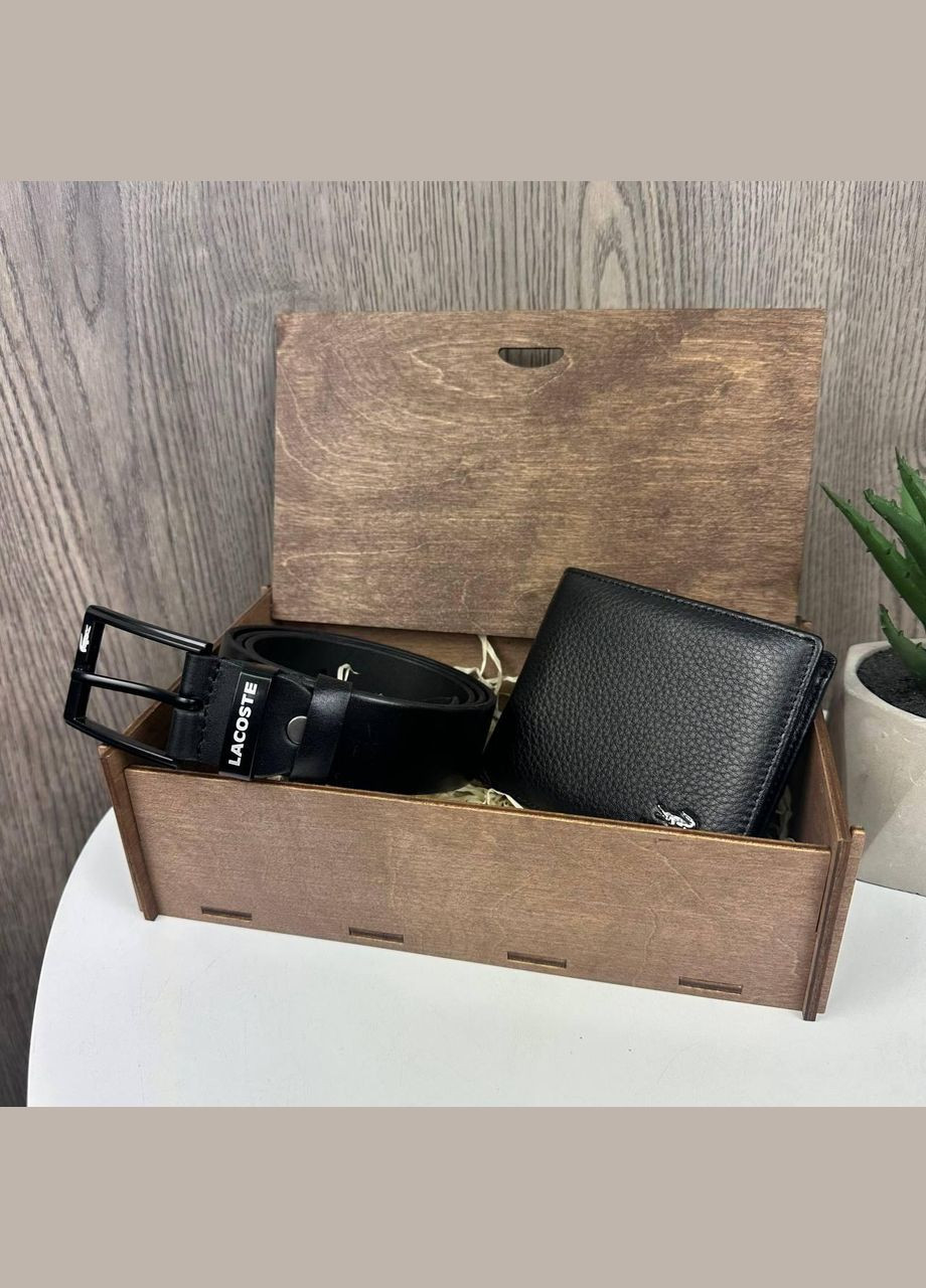 Чоловічий подарунковий набір шкіряний гаманець портмоне стиль Лакоста + поясний ремінь у коробці Lacoste No Brand (334729719)