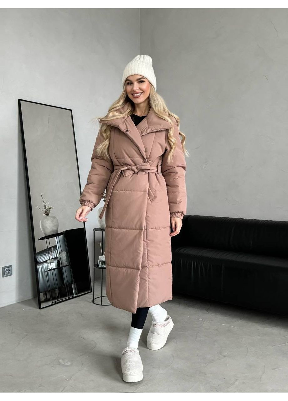 Бежеве демісезонне Зимове жіноче пальто з плащівки на синтепоні 250 — бежевий колір (заміри в описі) Vione