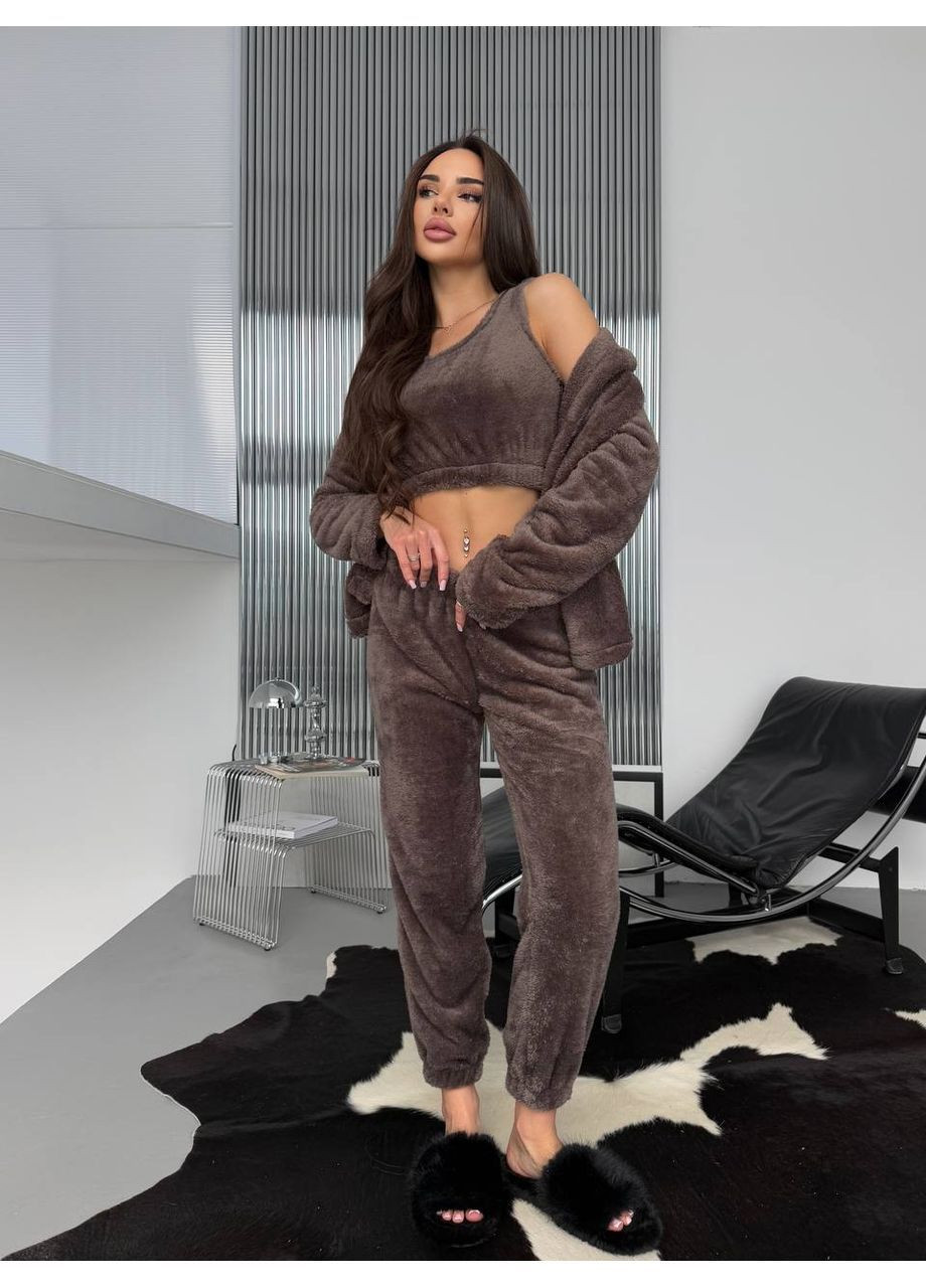 Коричнева жіноча махрова піжама трійка сорочка + топ + брюки No Brand Р4936-349/1