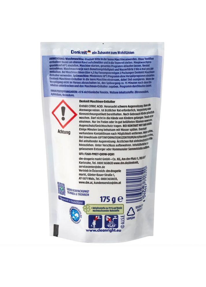 Засіб Maschinen Entkalker 3 в 1 для пральних і посудомийних машин, 175 г – комплексне очищення та захист Denkmit (361075019)