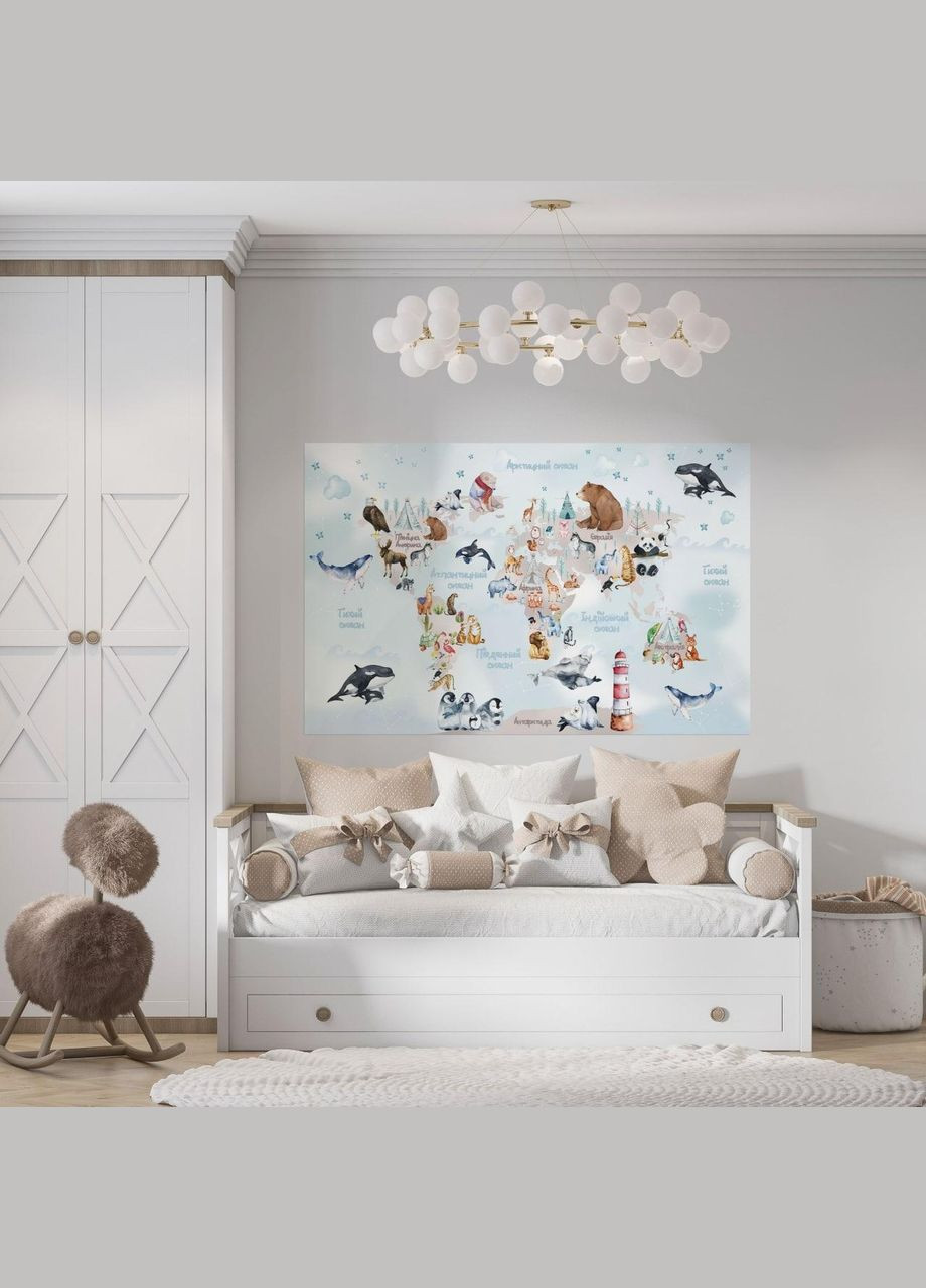 Виниловая интерьерная на стену "Карта мира на украинском языке с животными и рыбками" Кавун наклейка (316189705)