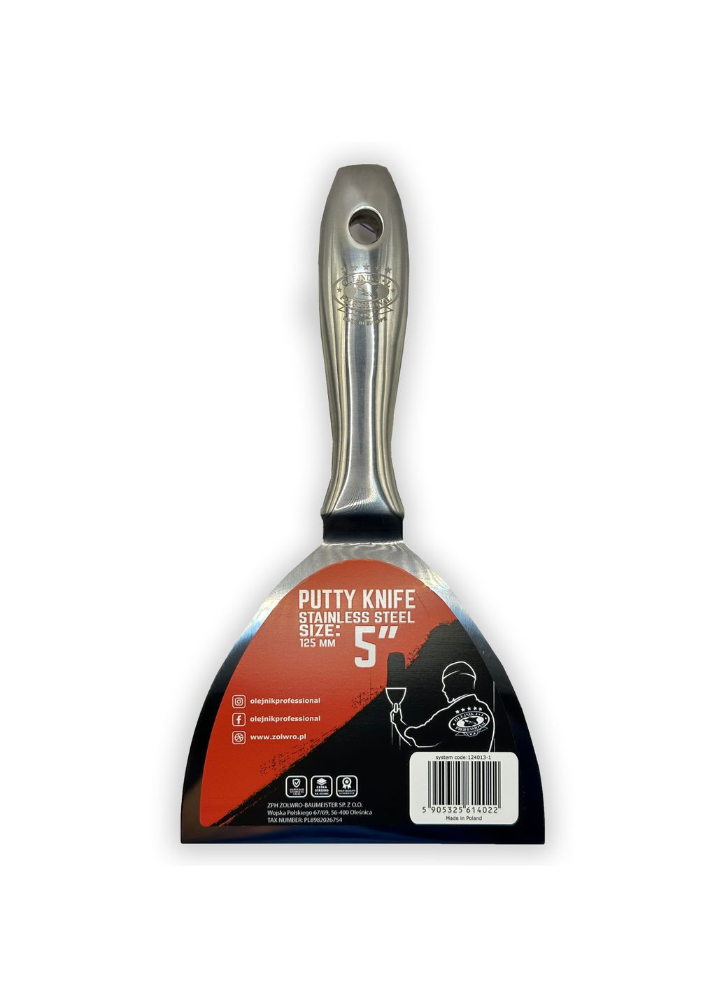 Шпатель однокомпонентный 125 мм из нержавеющей стали с эргономичной формой. Olejnik (339669059)