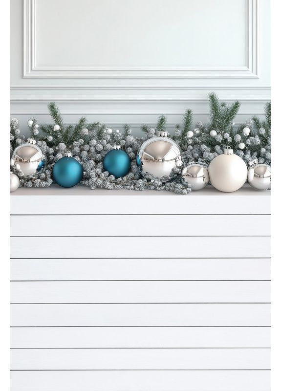 Вініловий фотофон зимовий декор у сріблясто-блакитних тонах, стіна і біла дерев’яна підлога, фон 80×120 см, №57533 PhotoVinyl (354720085)