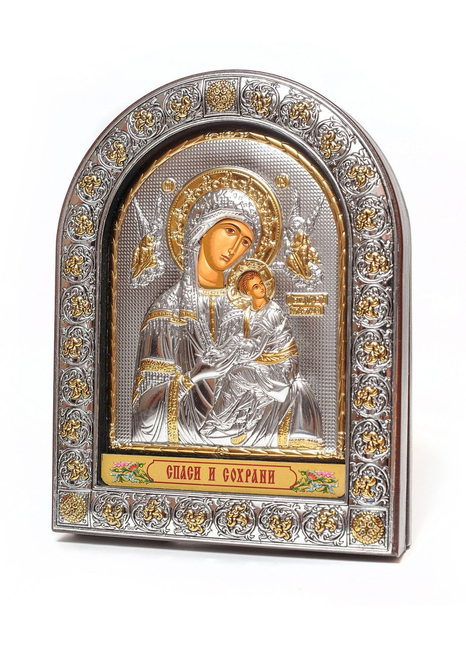 Страсна Божа Мати 16,5х21,5 см срібна ікона з позолотою під склом, обгорнута в шкіру (Греція) Silver Axion (266266040)