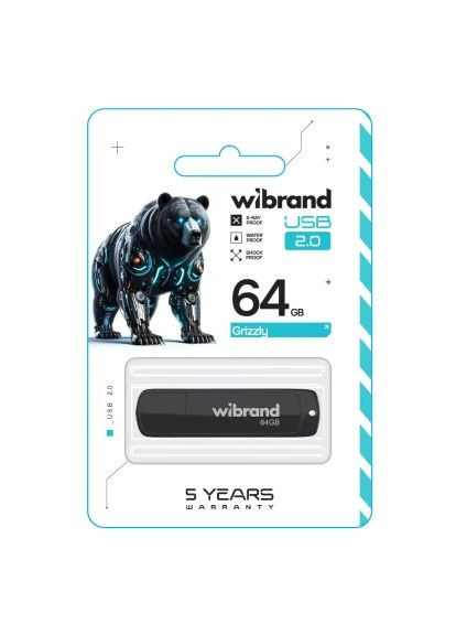 USB флеш накопичувач (WI2.0/GR64P3B) Wibrand 64GB Grizzly Black USB 2.0 (366646460)