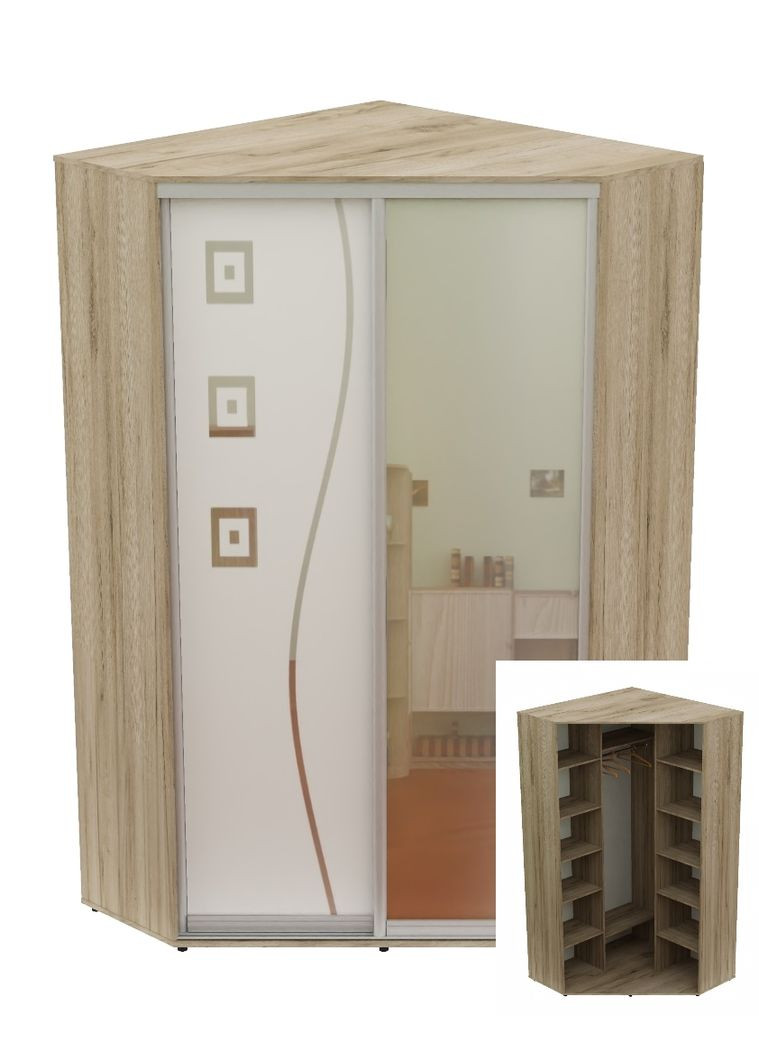 Шкаф-купе двухдверный угловой 150*150*220 Дуб крафт серый Зеркало/Зеркало с пескоструйным рисунком Угол-5 Алекса (360474534)
