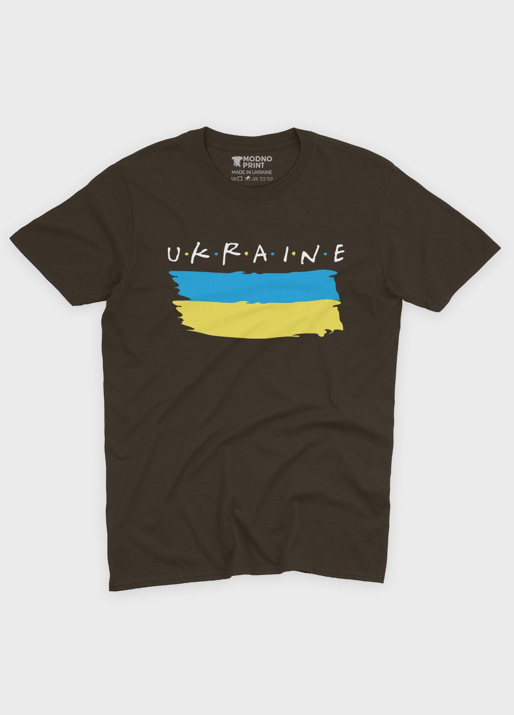 Коричнева літня жіноча футболка з патріотичним принтом ukraine (ts001-4-dch-005-1-090-f) Modno