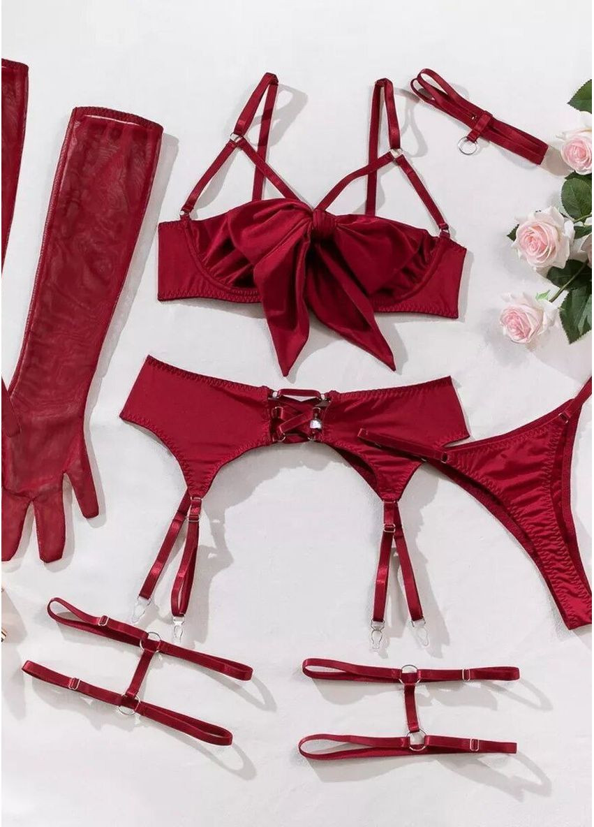 Бордовый демисезонный соблазнительный комплект белья с бантиком на груди контурный набор из 6 элементов женское белье с завязками аксессуары в наборе Cindylove