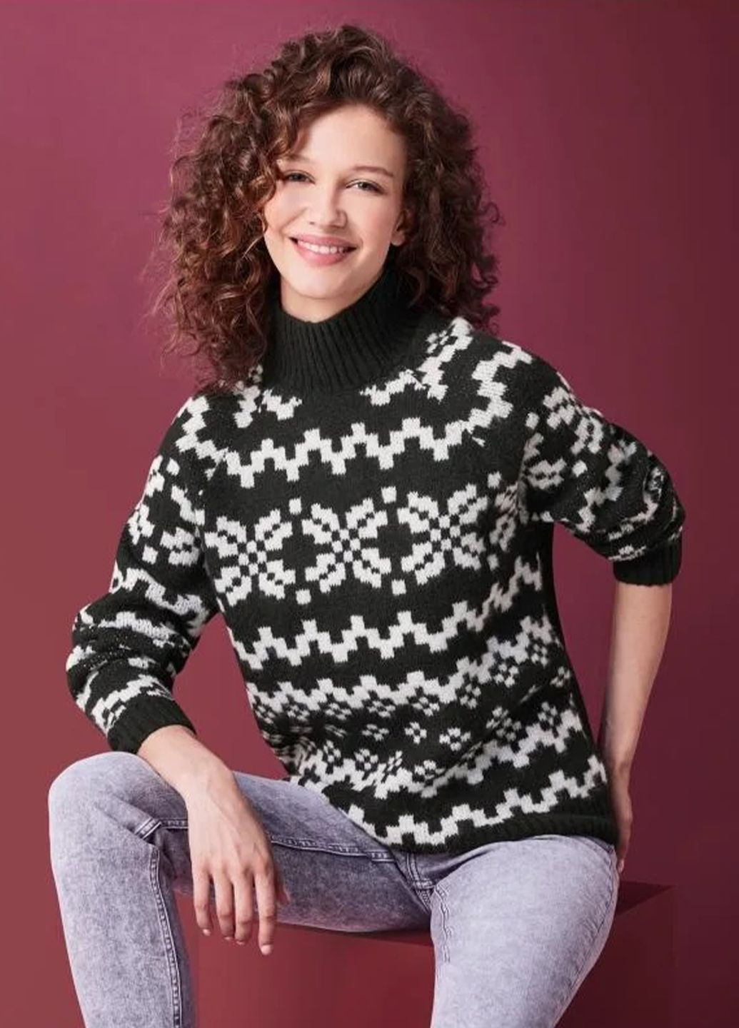 Черный демисезонный женский вязаный свитер рождественский принт джемпер Esmara