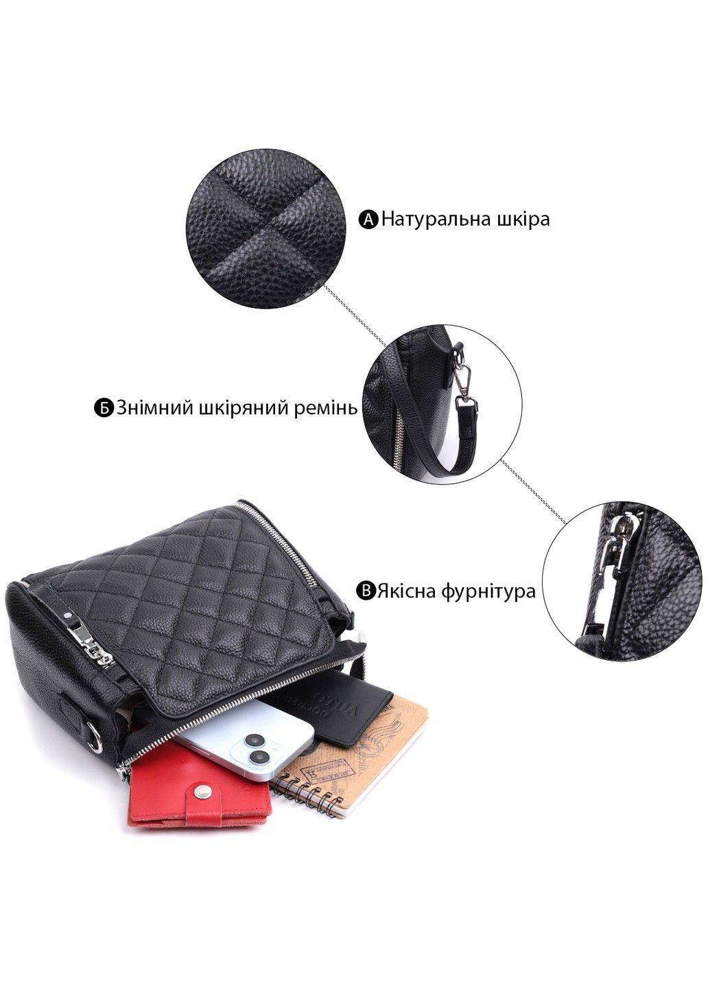 Трендова сумка для жінок у ромби з натуральної шкіри 22667 Чорна Vintage (297993054)