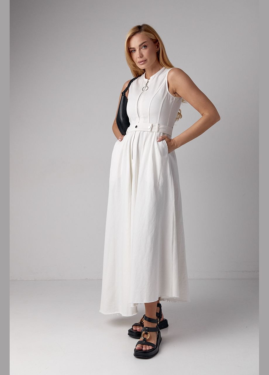 Молочное платье макси с молнией и асимметричным подолом Lurex
