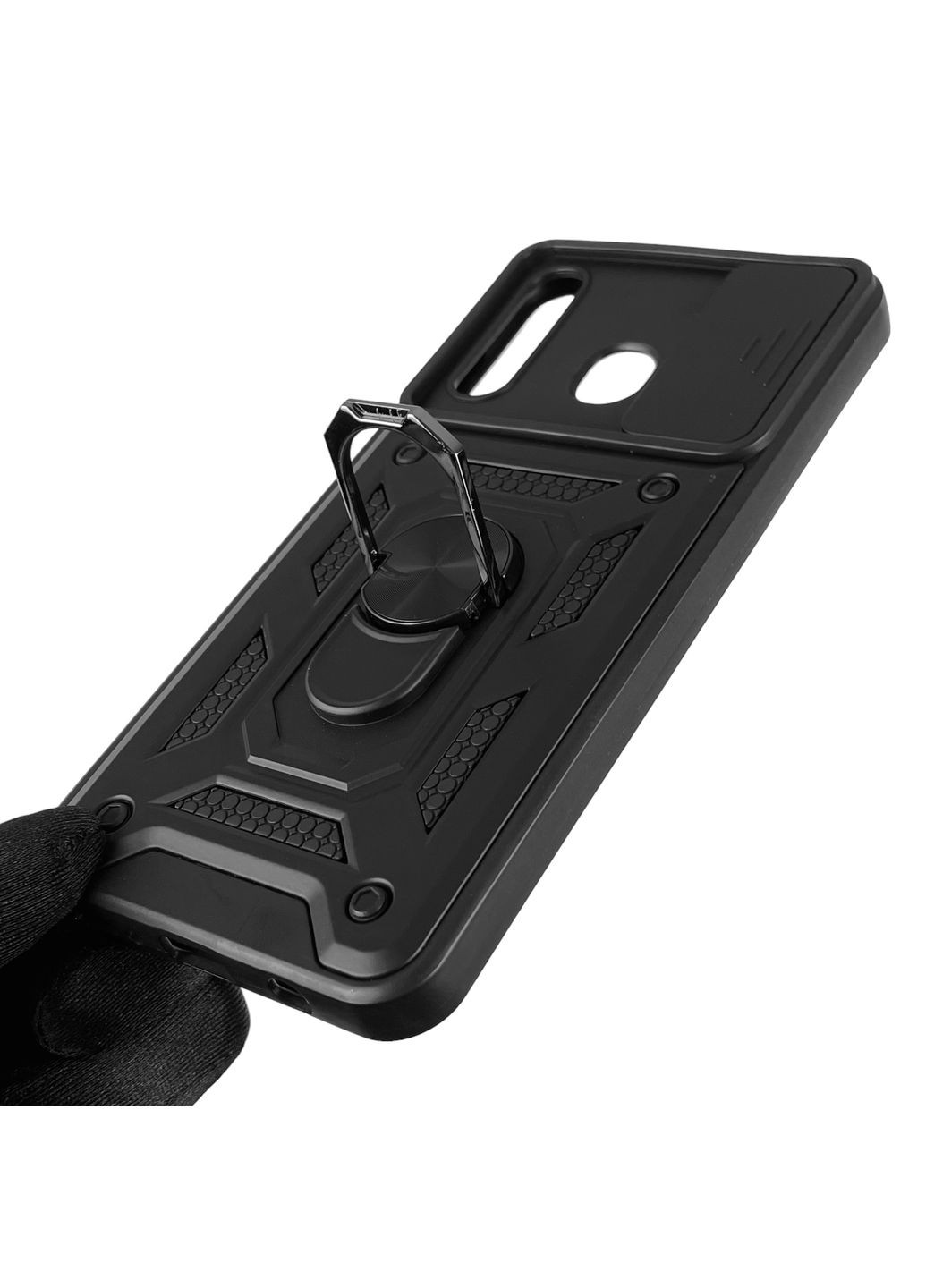 Чехол для Galaxy A30 (SM-A305F) бронированный с кольцом со шторкой на камеру на самсунг а30 чёрный rg1 Samsung (366022015)