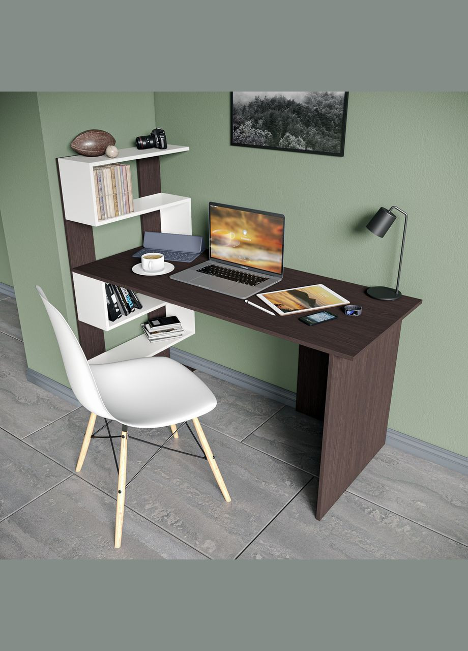 Стіл комп'ютерний, письмовий стіл з полицями ST-0024 від Венге темний/Білий MORELI (335423939)