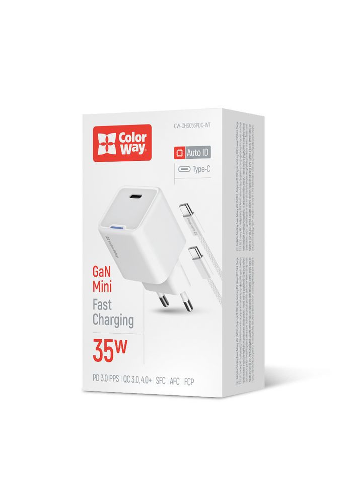 Сетевое зарядное устройство GaN Mini 35W PD Port PPS USB-C White (CW-CHS056PDC-WT) + кабель USB Type-C Colorway (336958751)