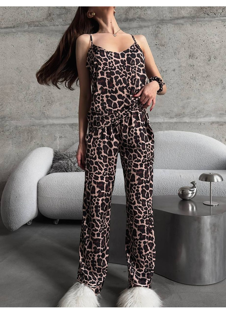 Черная всесезон женская пижама | чёрный леопард майка + брюки Vital-Textile 1220