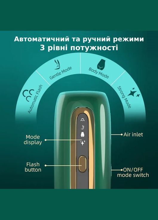 Фотоэпилятор, для избавления от нежелательных волос, 3 режима мощности, с охлаждением, зеленый Lem Berger (315719736)