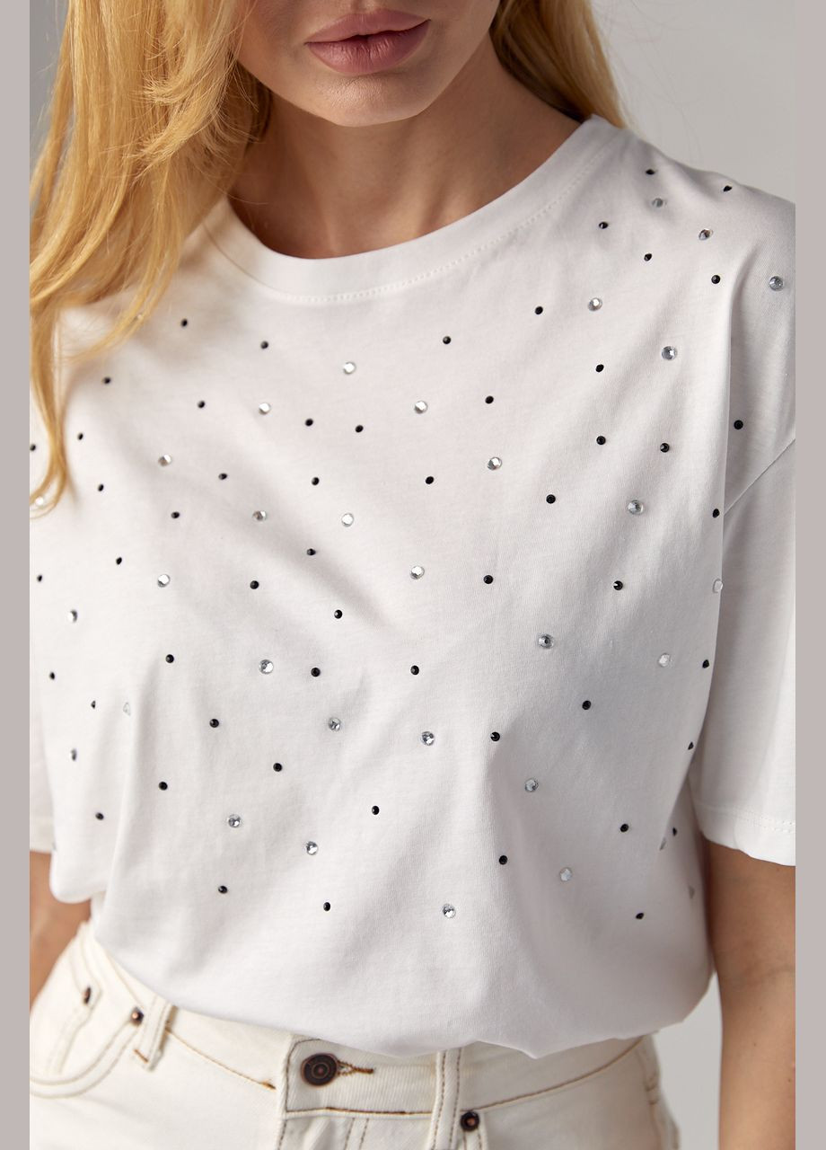 Молочна жіноча футболка з кольоровими термостразами з коротким рукавом No Brand
