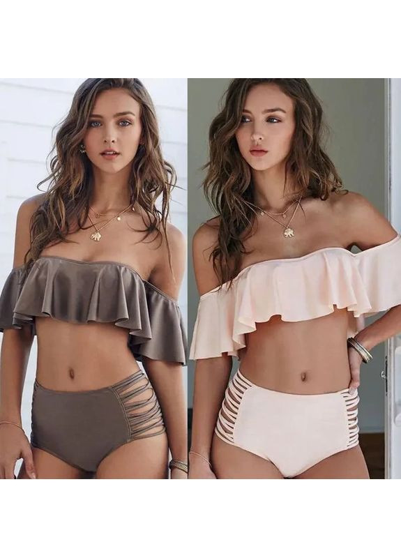 Коричневий літній роздільний купальник із завищеною талією та воланом. купальник із воланом є пушап China