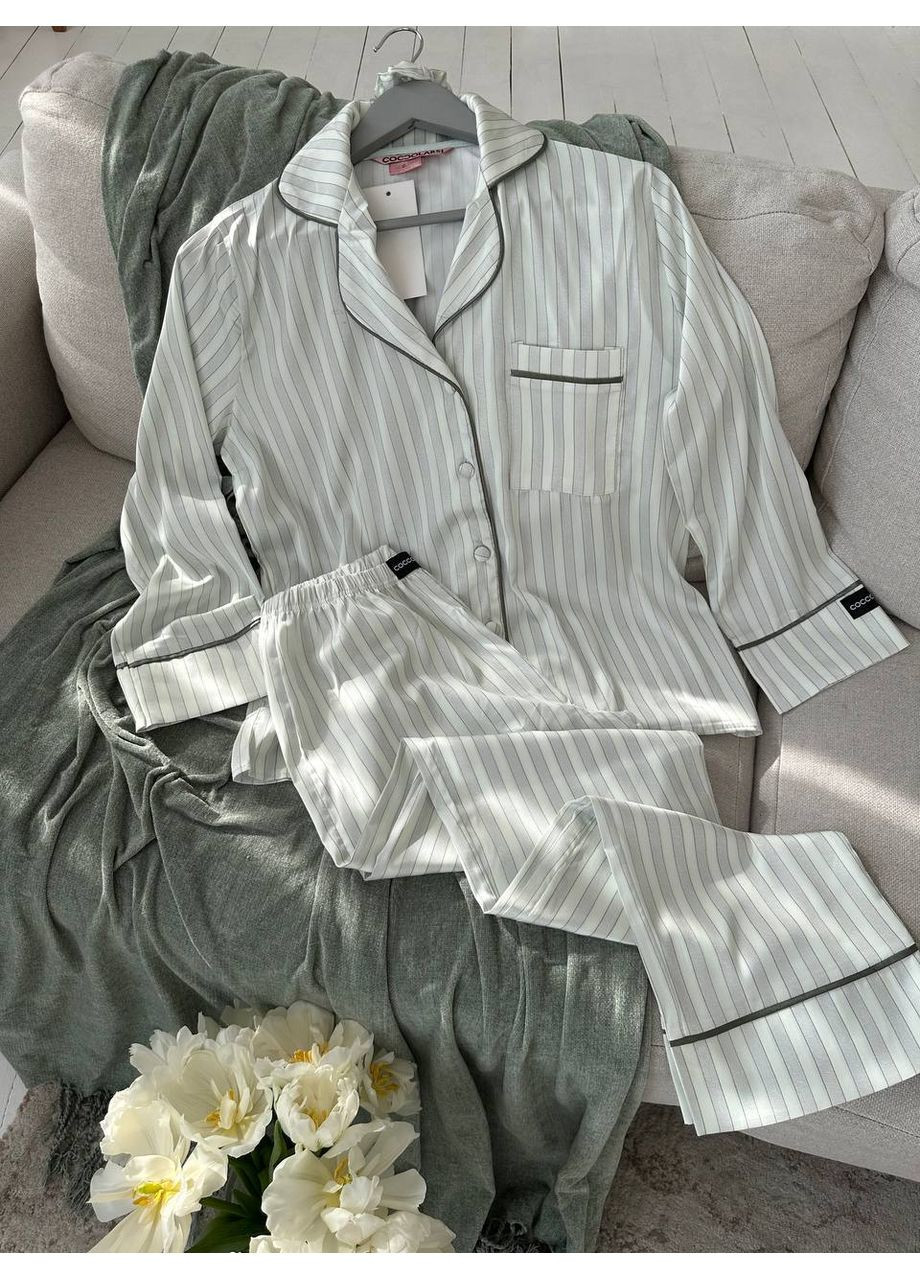 Біла всесезон жіноча піжама | біла у смужку сорочка + брюки Vital-Textile 1268