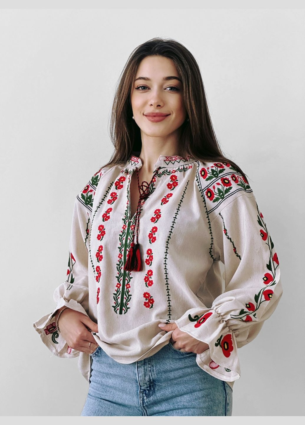 Бежевая блузка бежевая вышиванка маки с пышными рукавами You Best (294608561)