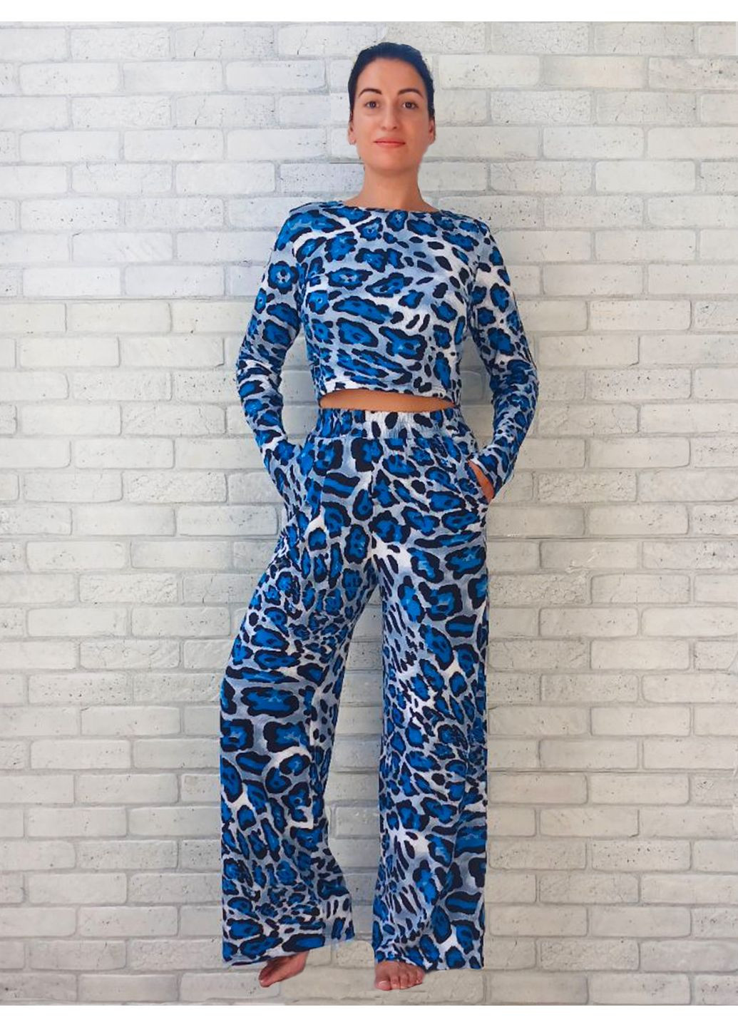 Синяя женская трикотажная пижама леопардовая No Brand