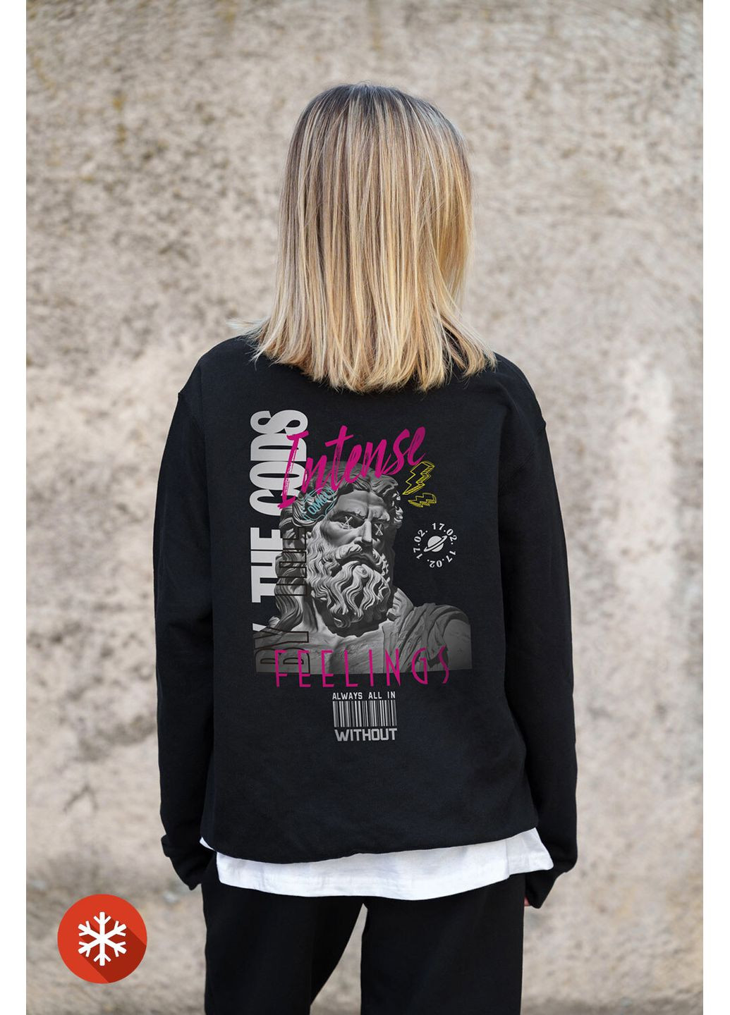 Черный женский утепленный оверсайз свитшот на флисе с принтом feelings black Without рисунок (372519920)