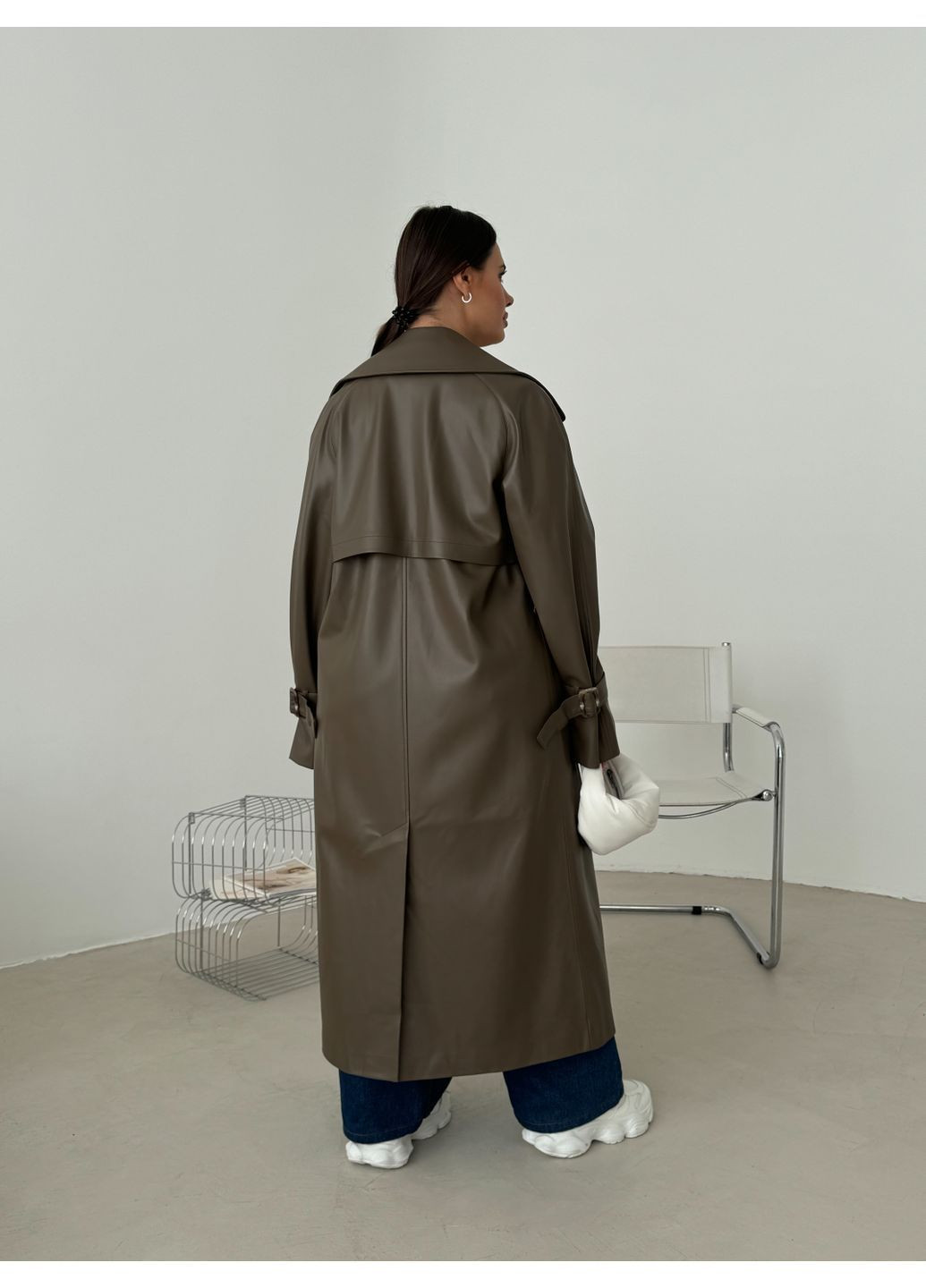 Коричневе демісезонне Тренч з екошкіри оверсайз No Brand