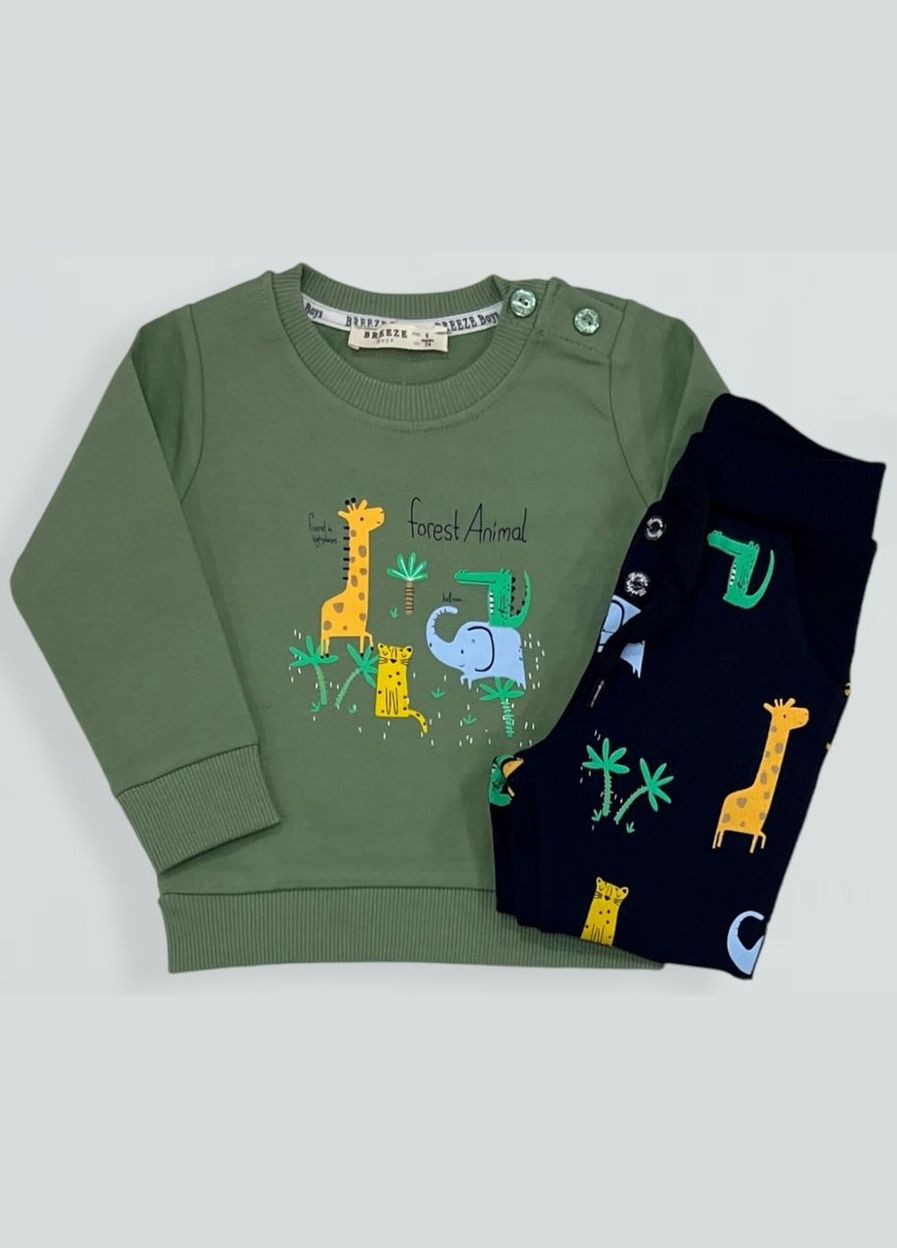 Зеленый демисезонный свитшот + брюки 21096 оливковый и темно синий Breeze