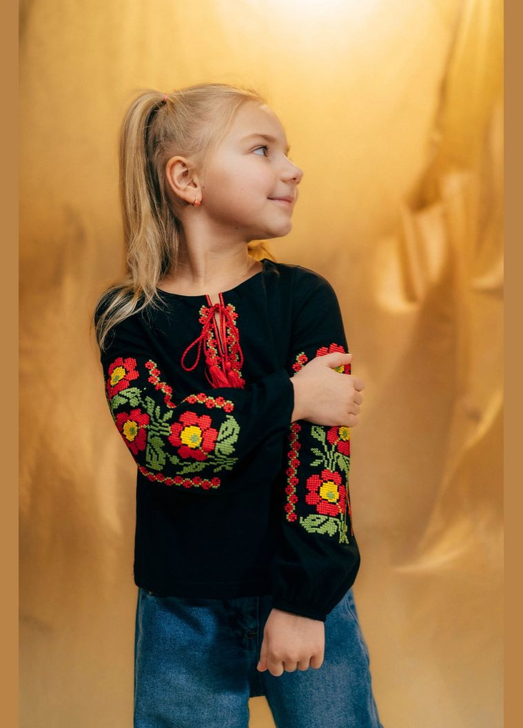 Чёрная вышиванка для девочек с длинным рукавом 04-2408-83в 98 см черный Авекстекс (331622095)