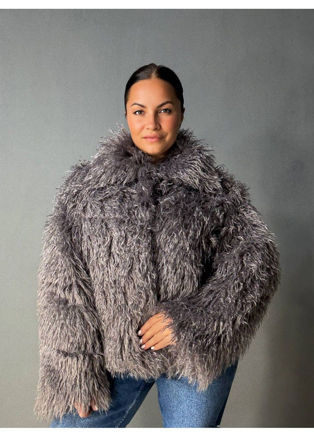 Шуба жіноча 10018 штучна під ламу з коміром коричнева Lady yep (354178741)