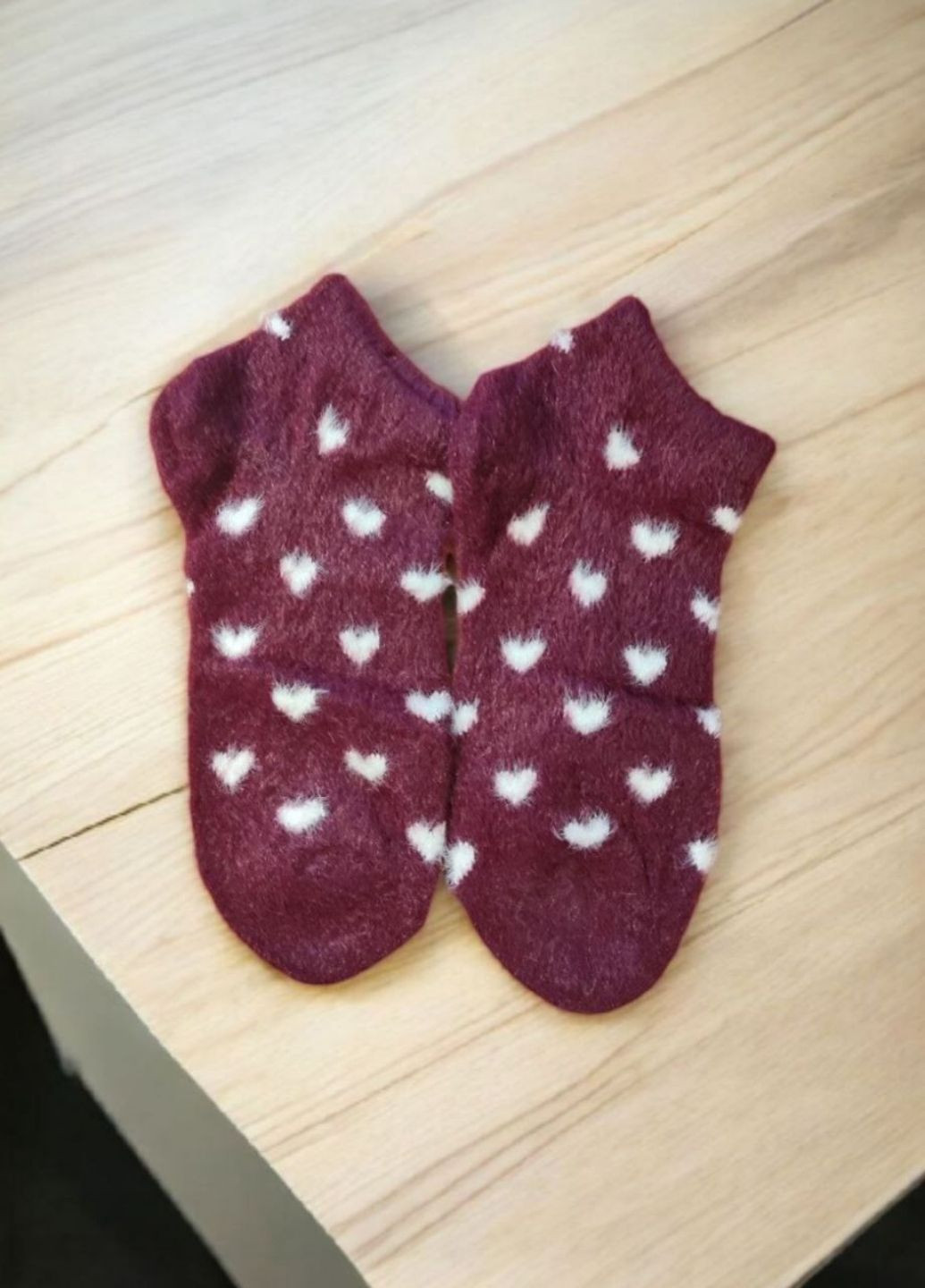 Бордовые женские короткие носки с мехом норки winter hearts (1966-01) сердечки (367089466)