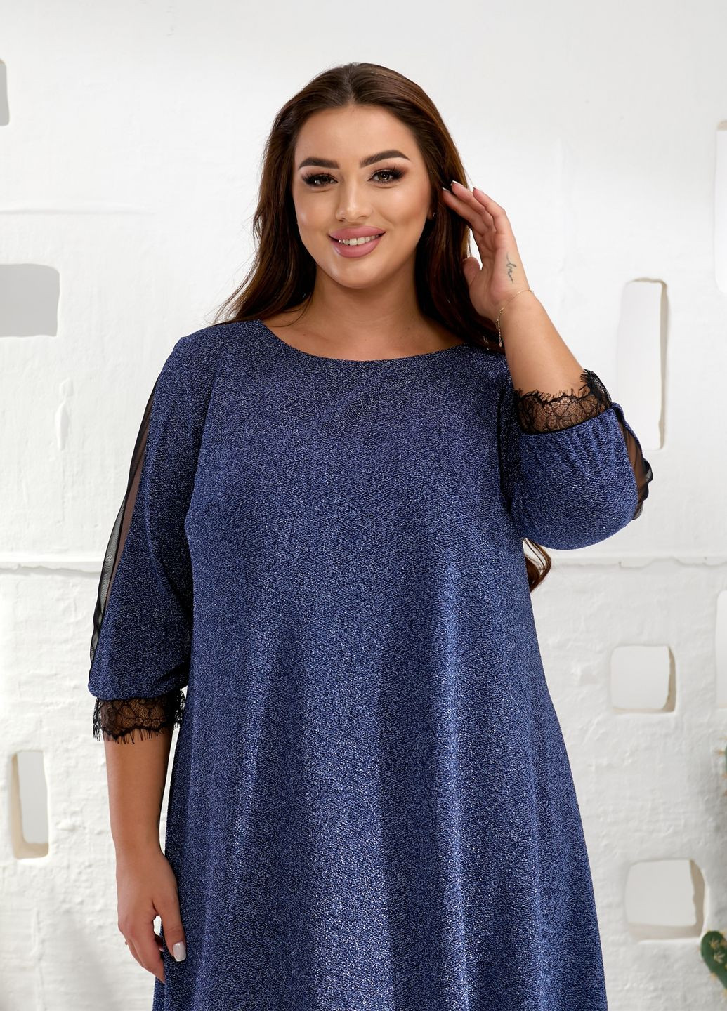 Светло-синее праздничный, коктейльное, вечернее платье праздничное с люрексом и кружевом оверсайз, а-силуэт No Brand однотонное