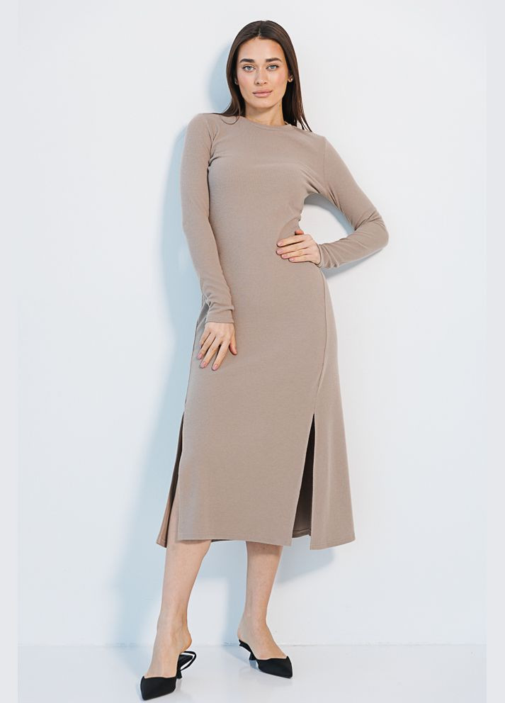 Бежевое трикотажное платье в рубчик бежевое с двумя разрезами спереди Arjen
