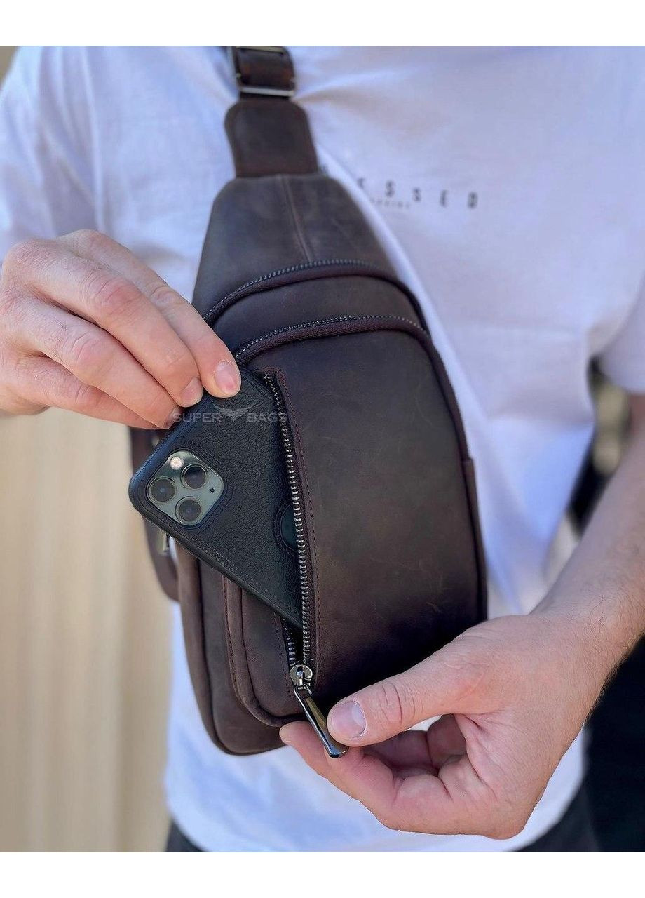 Чоловічий слінг зі шкіри крейзі хорс в коричневому кольорі 6349 No Brand (362732443)