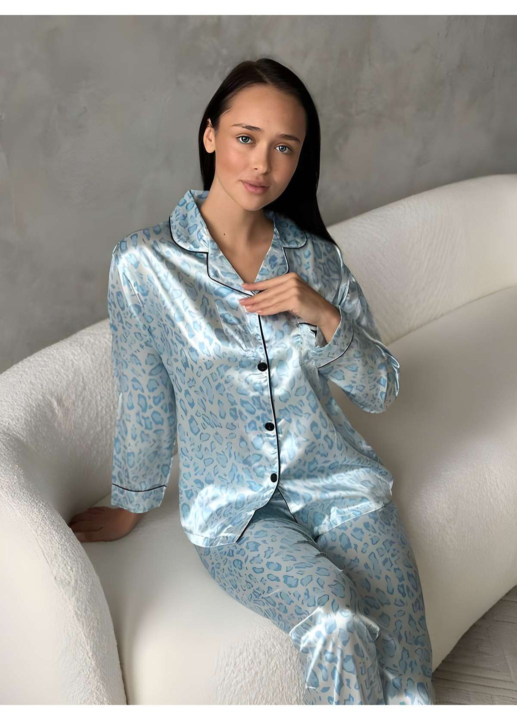 Голубая женская шелковая голубая леопардовая пижама брючная рубашка на пуговицах и брюки No Brand