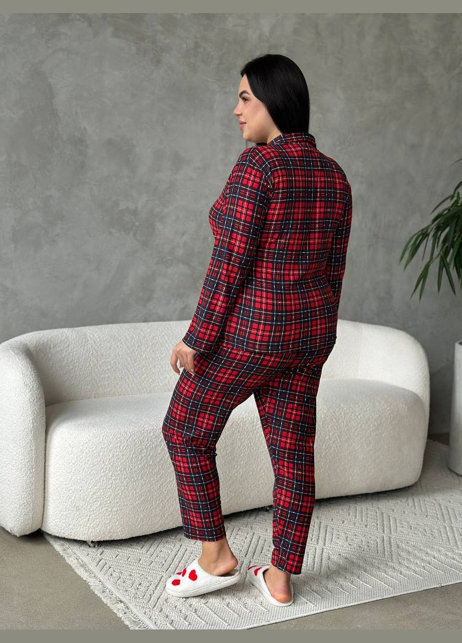 Червона всесезон м'яка піжама в клітинку сорочка + брюки No Brand