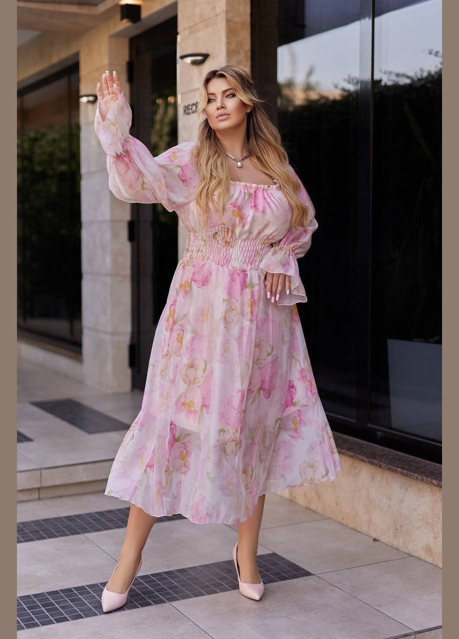 Розовое праздничный, коктейльное, вечернее платье меди из органзы а-силуэт Україна